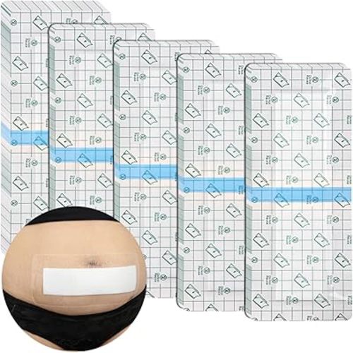 C-Section Waterproof Abdominal Incision Bandages Post Hysterectomy Tummy Tuck Shower Protector Scar Cover with Protective Pad Patches Island Dressing Tapes Large Wound Care Supplies 4x12 Pack of 14