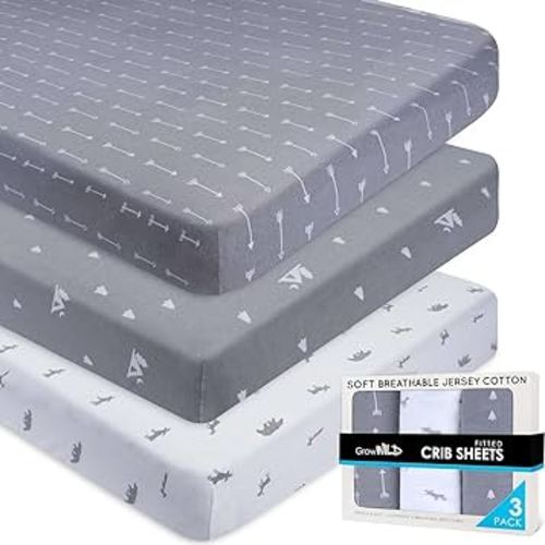 Fitted Unisex Crib Sheets (3 Pack) by GROW WILD - Jersey Knit Cotton Crib Sheets for Boys or Girls, 52” x 28” x 9” Crib Bedding Set (Woodland Gray and White)