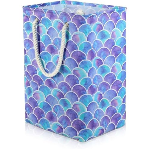 Mermaid Laundry Hamper, 78L Large Collapsible Tall Laundry Basket Waterproof Dirty Clothes Bag with Cotton Ropes Handles Washing Storage Bin for Clothes, Toys, Nursery, Bedroom, Bathroom, College