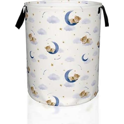 Teddy Bear on the Moon Laundry Basket,Cute Laundry Hamper,Collapsible Organizer Basket for Storage Bin Toy Bins, Dirty Clothes Laundry Basket for Living Room/Bathroom/Bedroom