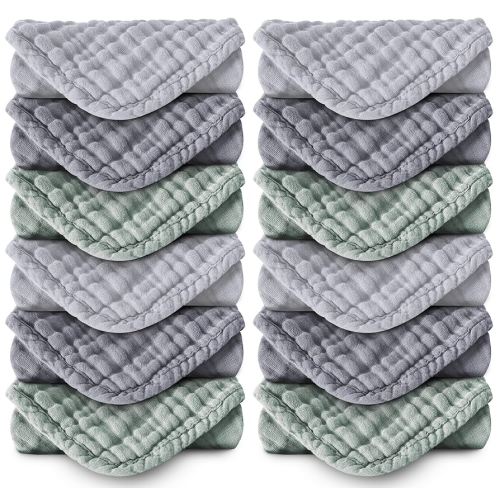 MOON PARK Baby Washcloths, 12 Pack - 12x12 Inches, Small Burp Cloths and Baby Wipes - 100% Cotton Muslin Ultra Soft for Newborn, Infant and Toddlers - Grey, Green and Slate