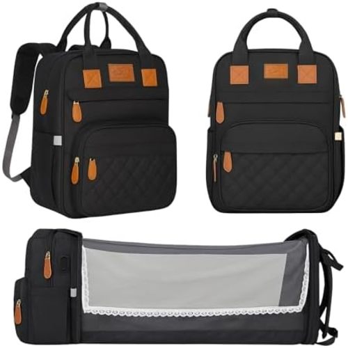 Large Diaper Bag Backpack with Changing Station, USB Charging Port, Insulated Pockets, Mosquito Net & Sun Shade – Waterproof Large Capacity Travel Diaper Bag for Moms & Dads