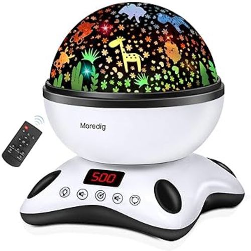 Moredig Night Light Projector, Kids Night Light with Remote and Timer, 360 Degree Rotating - 8 Color Changing 12 Songs Night Light for Kids - Black