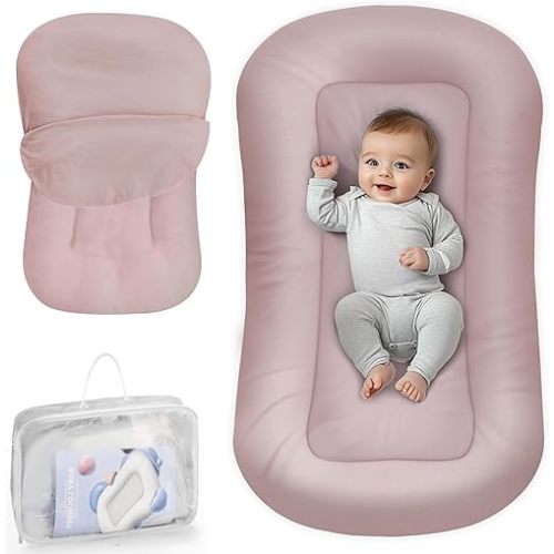 Baby Lounger - Baby Lounger for Newborn, 0-24 Months, Infant Lounger for Home and Travel, Soft Cotton, Baby Nest Lounger, Newborn Babies Essentials Gifts, Pink (Lounger Cover Included)
