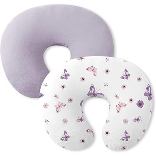 Little Grape Land Nursing Pillow Covers 2 Pack for Baby, Soft 100% Cotton Covers for Breastfeeding Pillows, Breathable Muslin Purple Butterfly Nursing Pillow Cases Fit Standard Nursing Pillows