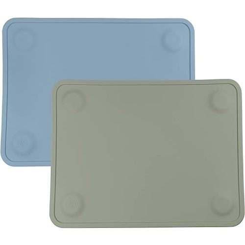 WeeSprout Silicone Suction Placemats for Babies, Toddlers & Kids, Durable Food Grade Silicone with Non-Slip Suction, Dishwasher Safe, for Dining Table & Restaurants + Travel Case, 2 Pack - Small - Matte Blue, Green