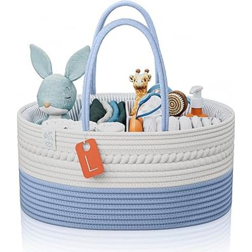 KiddyCare Diaper Caddy Baby Organizer Cart for Nursery | Car Diaper Caddy for Baby Boy/Girl | Baby Bath Storage/Shower Basket Gift for Changing Table with Handle Lid | Diaper Holder | Blue Large
