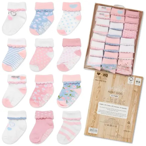 Baby Socks 12 Pairs - Non-Slip Infant Grip for Newborns & Toddlers 0-6 Months, Boys & Girls, Safe for Walking