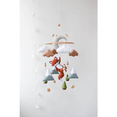 Fox baby mobile, Woodland nursery decor, Moon, clouds & stars mobile, Forest animals mobile