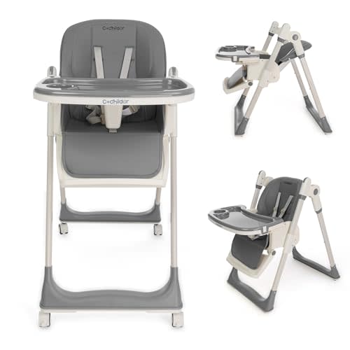 Cochildor 3-in-1 Foldable High Chair for Babies & Toddlers – Adjustable Height, Reclining Seat, 5-Point Safety Harness, Removable Tray, Lockable Wheels, Washable Cushion – Portable & Easy Clean, Grey