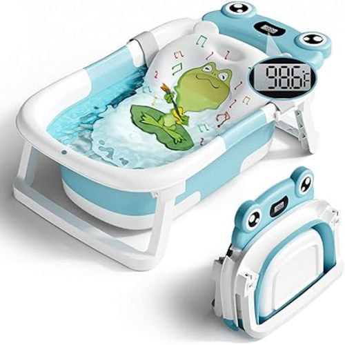 Baby Bathtub, Collapsible Newborn Bathtub for Infant to Toddler 0-24 Months with Soft Bath Net,Portable Travel Newborn Tub with No-Slip Feet, Baby Shower Gifts,Sky Blue