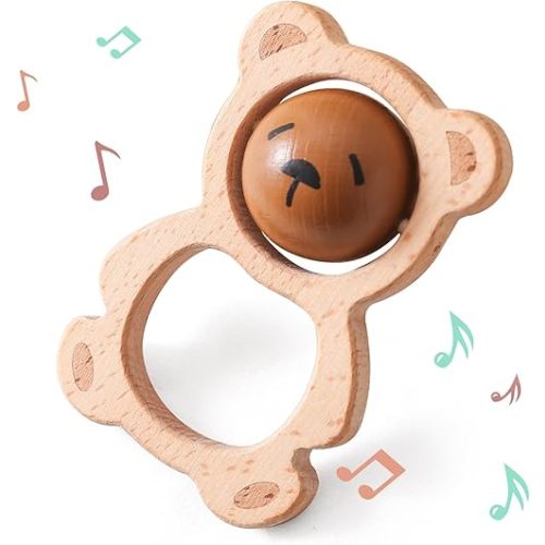 Wooden Baby Rattle Toys, Newborn Rattle Toys 0-12 Months Handmade Baby Clutching Toys | Natural Wooden Baby Teething Toys | Baby Shower/Birthday Gifts (Cute Bear Rattle)