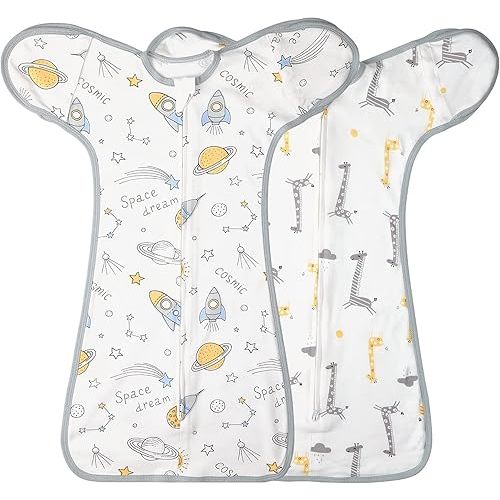 2 Pack Transition Swaddle with 2 Way Zipper, 2 in 1 Arms in/Out Transitional Arms Up Swaddle, 100% Cotton Newborn Swaddles Zipper Swaddles Baby Swaddling Sack Sleeping Sack 0-3 Months