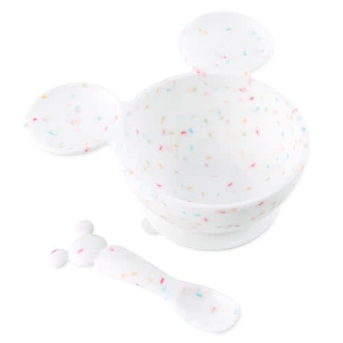 Bumkins Disney Baby Bowl, Silicone Feeding Set with Suction for Baby and Toddler, Includes Spoon, First Feeding Set, Essentials for Baby Led Weaning, Babies Eating 4 Months Up, Mickey Mouse Vanilla