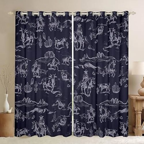 Kids Wild West Cowboy Curtains for Bedroom Living Room (2 Panels, 38 x 54 Inch) Western Decor Darkening Dreapes Boys Girls Teens Decor Rodeo Cowboy Style Blackout Curtains Blue Window Treatments