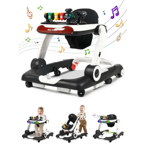 Music and Lights Baby Walker with Wheels, 6 in 1 Baby Activity Center w/Ergonomic backrest Design, Baby Walkers for Boys w/Foot Pads, Music Bouncer Walkers for Boys Girls Babies 6-18 Months, Black