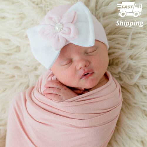 Pink Newborn Hospital Hat: Starfish Flower, Pearl & Rhinestone Bow
