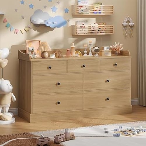 Vabches Kids Dresser Cabinet with 7 Drawers and Large Table Top, Multi-Functional Chest of Drawers, Baby Dresser, Kids Bedroom Furniture, Nightstand for Child’s Room, Oak