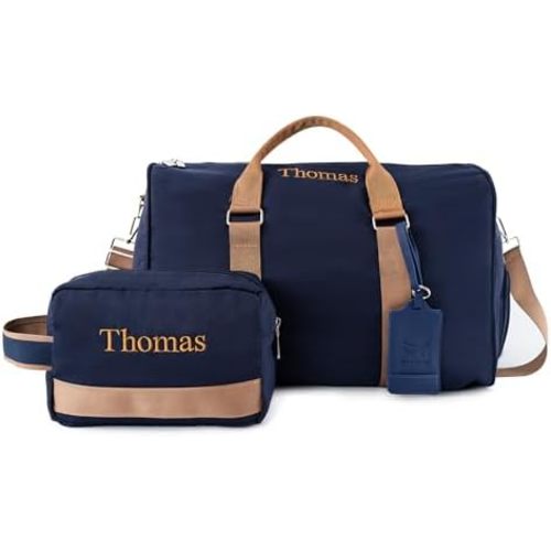 Travel Duffle Bag Set for Men Boys Personalized Weekender Overnight Bag with Embroidered Name - Custom Canvas Duffle Bag with Toiletry Bag and Shoe Compartment for Travel Trip Workout (Blue)