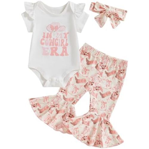 Western Baby Girl Summer Clothes In My Cowgirl Era Romper Bell Bottom Flare Pants Set 3Pcs Infant Cowgirl Outfits