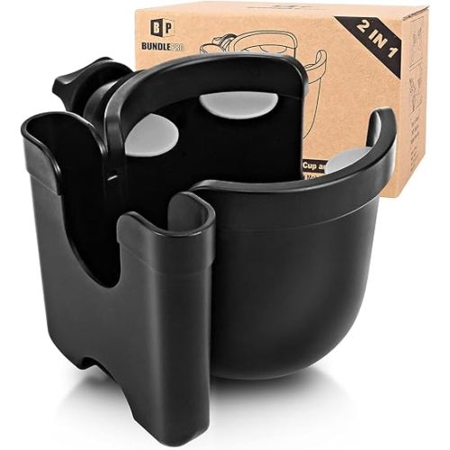 Universal Stroller Cup Holder with Mobile Phone Case, 2-in-1 Strollers Storage Rack, 360 Degrees Rotation Drink Holder for Bike, Pushchair, Wheelchair, Walker,Bicycle, Fits Most Cups