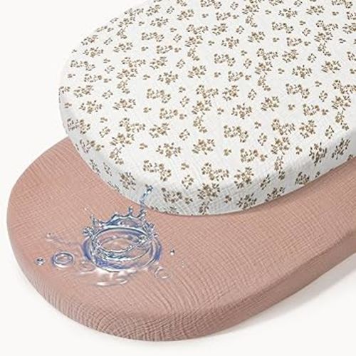 Baby Bassinet Sheets TPU Waterproof 2 Pack Soft Muslin Bedside Bassinet Mattress Sheets with Bottom Elastic Band for Baby Boy Girls Unisex Fit Hourglass Oval and Rectangle, Brown Flowers