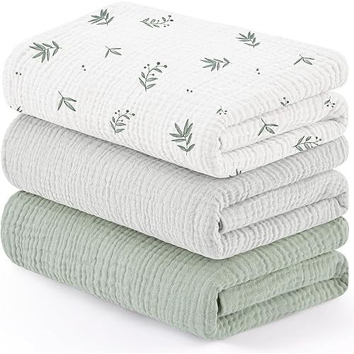 Susurration Muslin Swaddle Blankets 3Pack 100% Cotton Baby Receiving Blankets 40x38inch Soft Breathable Baby Blanket for Unisex Newborn Baby Boys Girls (Leaves)