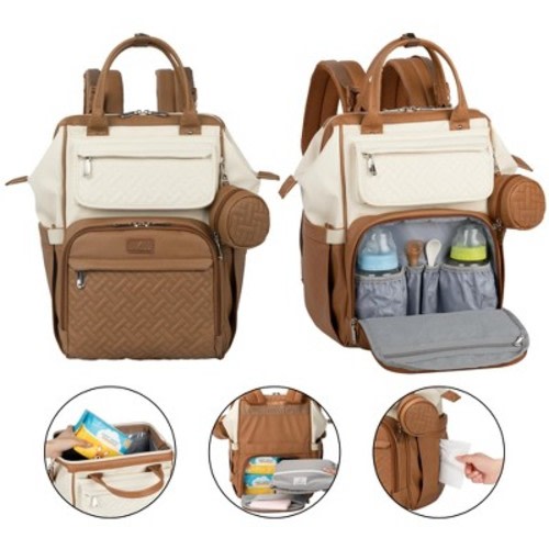 BabbleRoo Premium Vegan Leather Diaper Bag Backpack, Spacious & Stylish Nappy Organizer, Caramel Cream, 1 pc Pañaleras Para Bebe