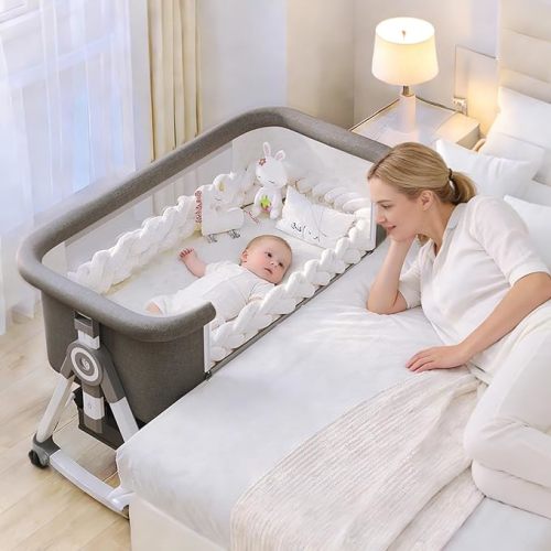 Baby Bassinet,3 in 1 Baby Bassinets Bedside Sleeper with Wheels and Mosquito Net,Bedside Bassinet for Baby with Comfy Mattress, Mattress&Breathable Mesh,Storage Basket