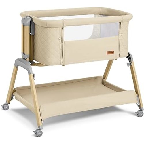 3 in 1 Baby Bassinet, Rocking Bassinet with Storage Basket and Comfy Mattress, 5 Height Adjustable Easy Folding Portable Bedside Crib for Infant (Beige)