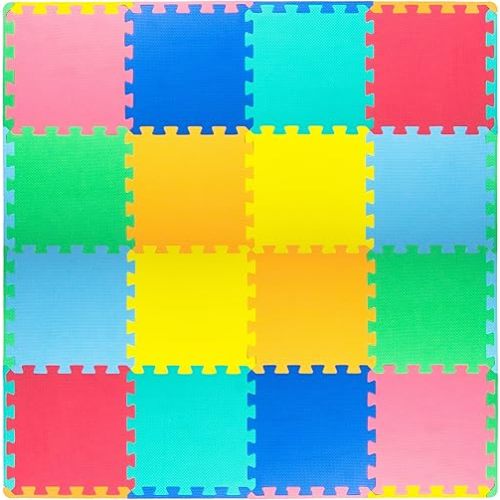 ProSource Foam Puzzle Floor Play Mat for Kids and Babies with Solid Colors, 36 or 16 Interlocking Tiles with Borders, Assorted
