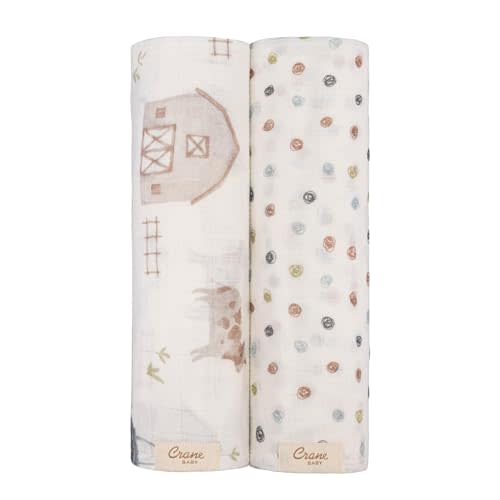 Crane Baby Charlie 2-pc. Farmhouse Tractor Dot Swaddle Set, 100% Cotton Muslin Swaddle Blankets for Newborns, Baby Boy Blanket Neutral, Infant Receiving Blankets for Boys, Rustic Farm Nursery Decor