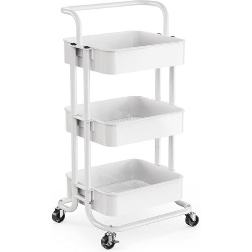 Pipishell 3 Tier Rolling Cart, Metal Utility Cart with Wheels and Handle, Rolling Storage Cart for Nursery Room, Living Room, Painting Room, Office and Kitchen, White