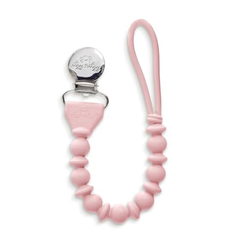 Itzy Ritzy Silicone Pacifier Clip; 100% Food Grade Silicone Pacifier Strap with Clip Keeps Pacifiers, Teethers & Small Toys in Place; Features One-Piece Design & Silicone Cord (Pink with Silver Clip)