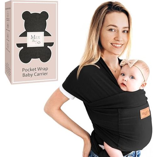 Baby Wrap Carrier - Premium Cotton Baby Carrier Wrap for Newborn to Toddler- Infant Carrier- Baby Holder One Size Fits All with Front Pocket (Black) by Max&so