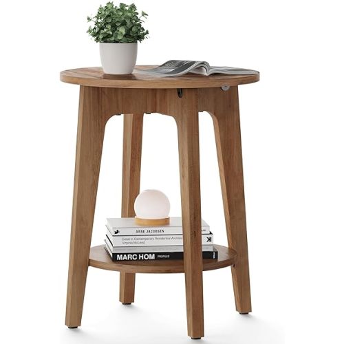 VASAGLE Side Table, Small Round End Table with Lower Shelf, Nightstand for Small Spaces, Living Room, Bedroom, Rustic Walnut ULET283T41