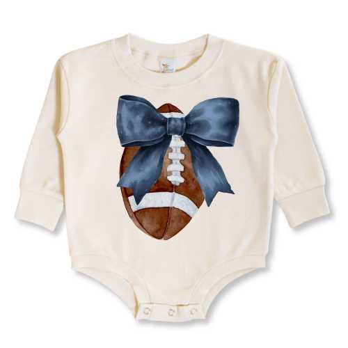 Navy Game Day Baby & Toddler Romper | Long Sleeves | Sizes 0-3m up to 12-18m | Football Bow | Beige | Fall Outfit
