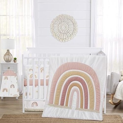 Sweet Jojo Designs Boho Rainbow Girl Baby Crib Bedding Set Infant Nursery BreathableBaby Breathable Mesh Crib Liner Blanket Sheet Skirt 6 PC Blush Pink Yellow Bohemian Neutral Vintage Mauve Stars Sun