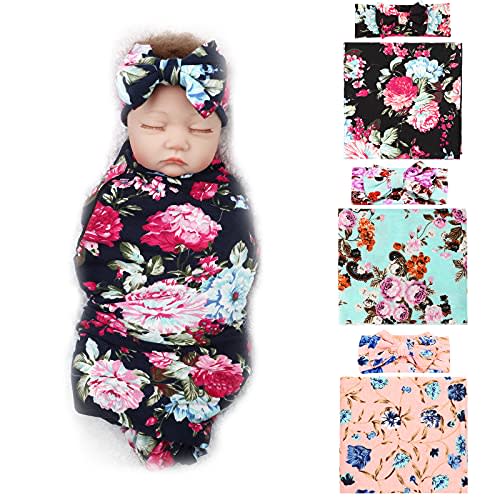 DRESHOW BQUBO Newborn Floral Receiving Blankets 3 Sets Newborn Baby Swaddling with Bow Headbands Sleepsack Toddler Warm Shower Gift