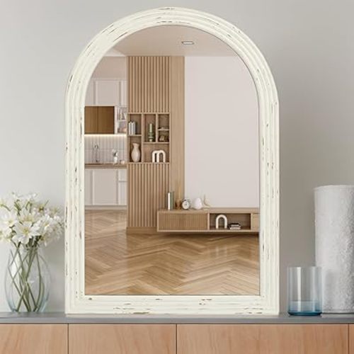 Arched Wall Mirror Wood Mirror, Decorative Mirror Bathroom Distressed White Farmhouse Mirror for Over Sink, Living Room, Entryway, Bedroom