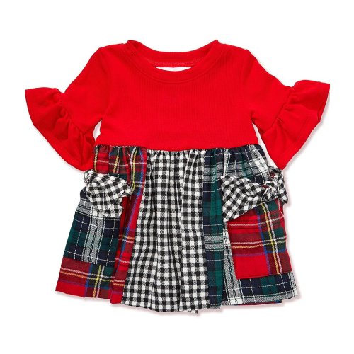 Bonnie Jean Baby Girls Solid Long-Sleeve Bodice/Mixed-Plaid Skirted Empire-Waist Dress