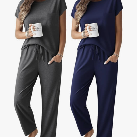 Ekouaer 2 Packs Pajamas for Women Set Cap Sleeve Top and Pants Soft Sleepwear Comfy Pjs Set with Pockets Loungewear
