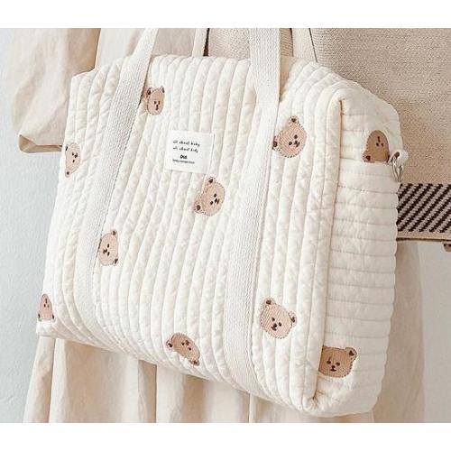 Bear Floral Print Extra Large Cotton Beige Baby Diaper Bag