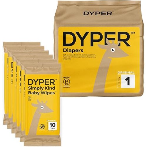 DYPER Size 1 Viscose from Bamboo Baby Diapers and 60 Pack Travel Baby Wipes
