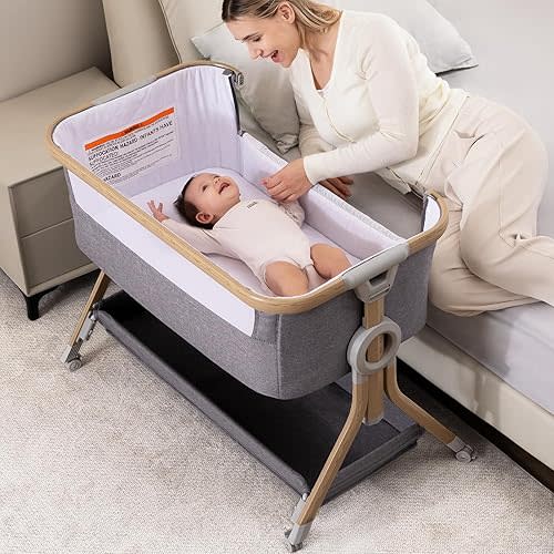 Larex Baby Bassinet Bedside Sleeper Crib Co Sleeper for Newborn Infant Toddler with Mosquito Net, Storage Bag & Basket, 5-Height Adjustable, Movable Wheels, Breathable Mattress & Mesh(Dark Gray)