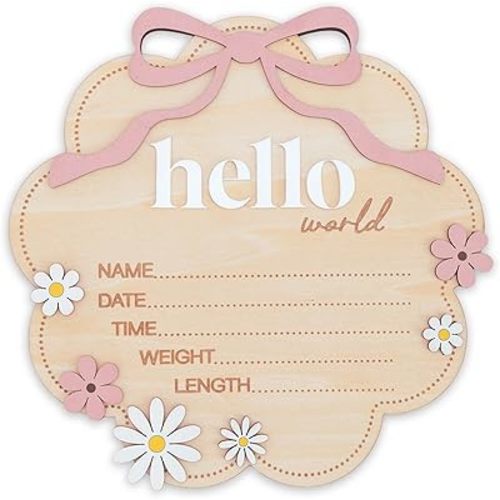 TTMerriwood Hello World Wooden Baby Birth Announcement Sign with Pink Bow, Cloud Shape Floral Newborn Name Date Time Weight Length Board, Baby Girl Nursery Photo Prop (Light Pink)
