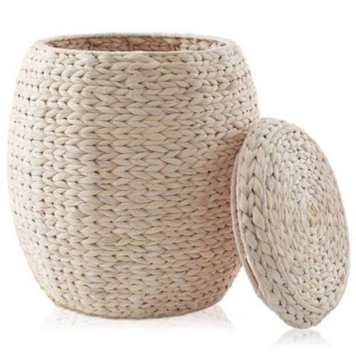 Casafield Round Storage Basket with Lid, Natural - Handwoven Water Hyacinth Hamper for Laundry, Blankets, Plants