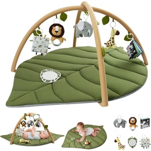 Blissful Diary Baby Play Gym & Activity Mat, Oversize Leaf Shaped Baby Play Mat w 6 Detachable Toys, Tummy Time Mat Promote Motor Skills & Sensory Development Mat, Newborn Infant Baby Essentials Gift