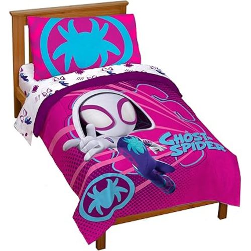 Marvel Spidey & His Amazing Friends Ghost Spider Gwen 4 Piece Toddler Bed Set - Bedding Includes Comforter & Sheet Set - Super Soft Fade Resistant Microfiber