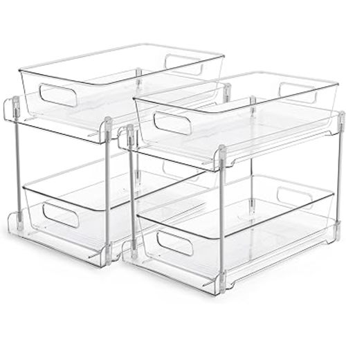Vtopmart 2 Tier Bathroom Storage Organizer, 2 Pack Clear Under Sink Organizers Vanity Counter Container, Cabinet Drawers Bins, Pull-Out Organization with Track for Pantry, Kitchen